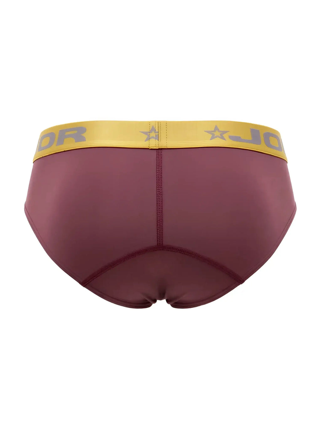 Back view of JOR 2327 Soho briefs in wine with a gold logo waistband.