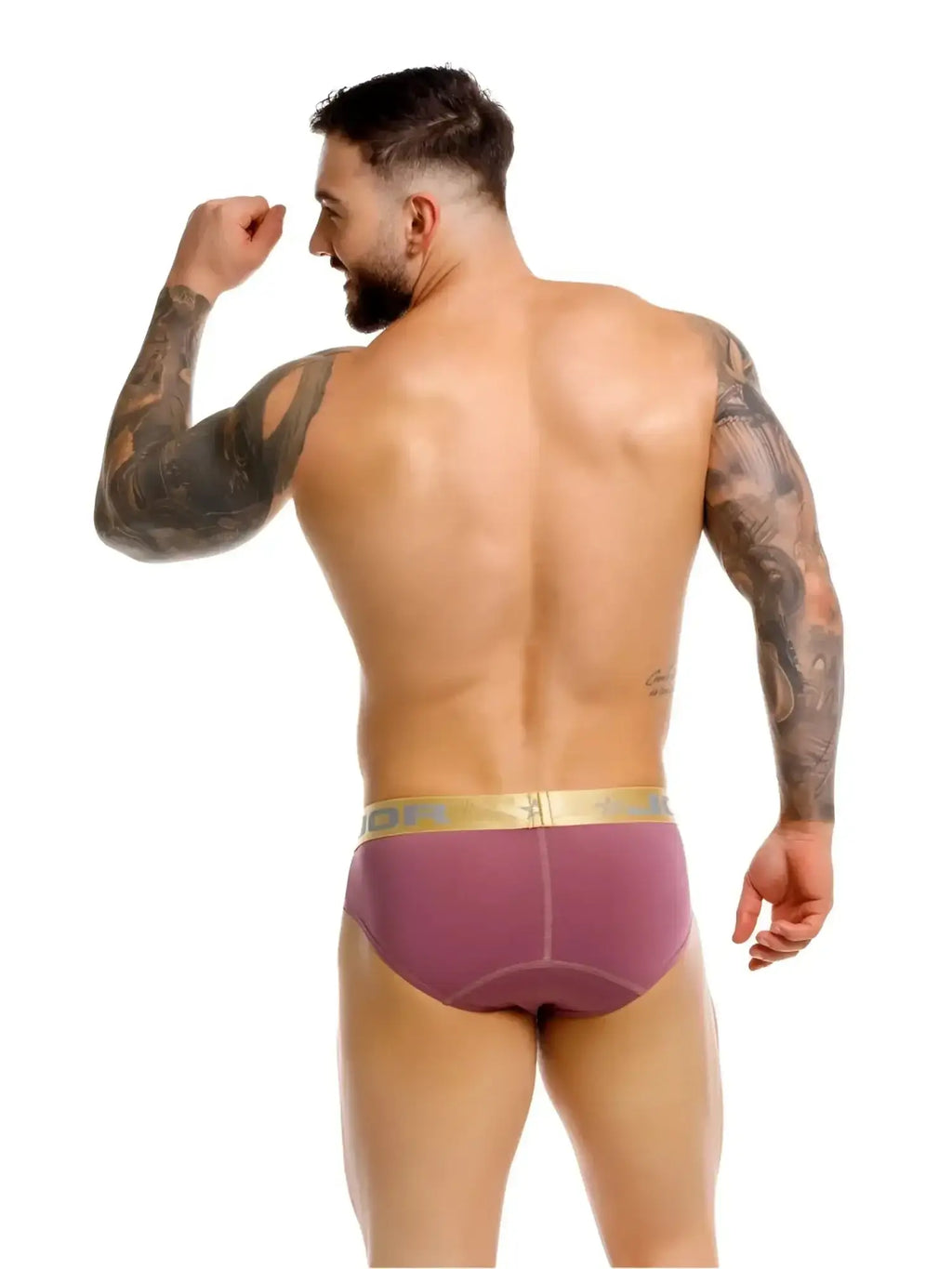 JOR 2327 Soho briefs in wine, rear view of a muscular man wearing the underwear against a white background.