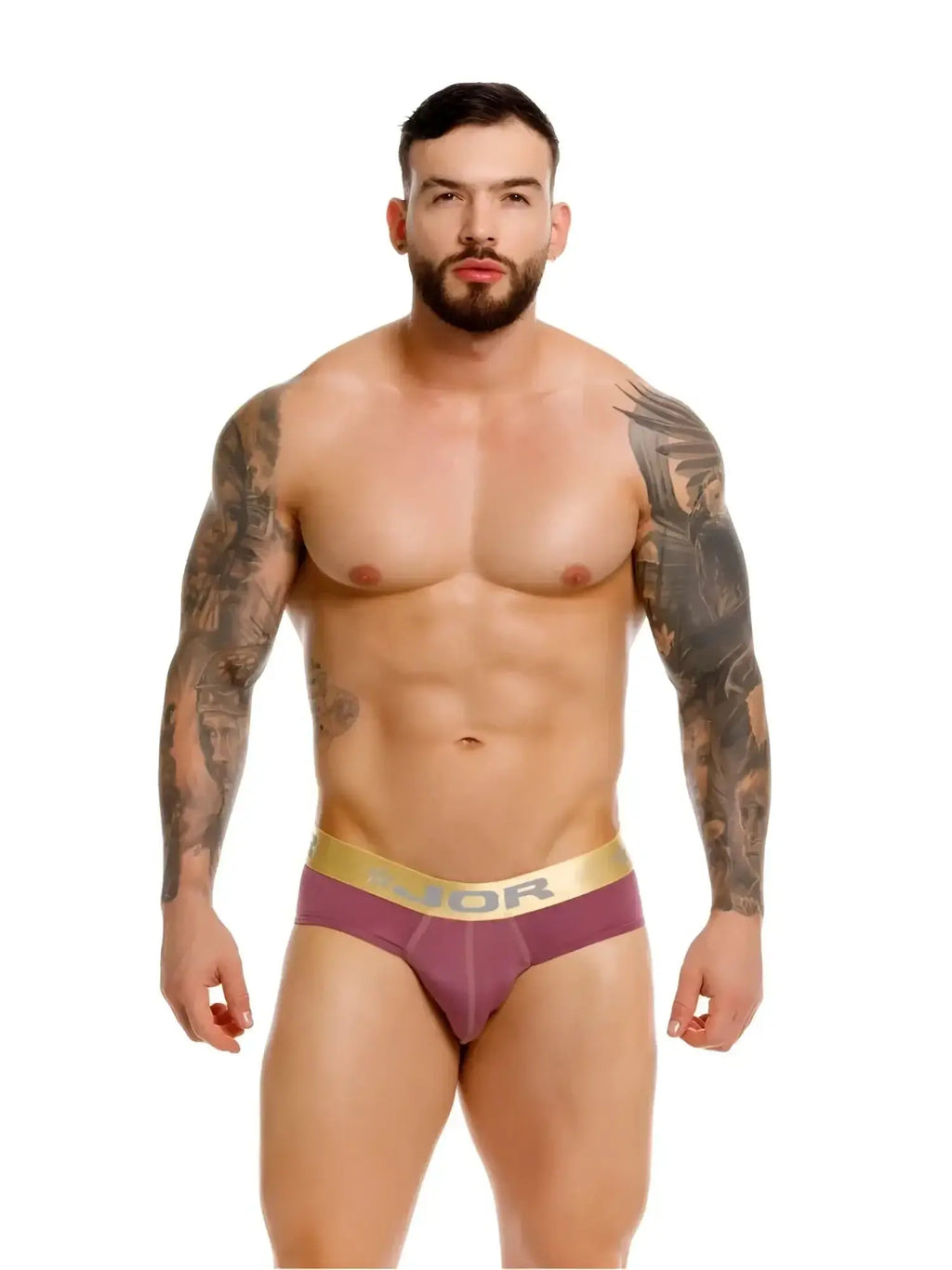Front view of a model wearing JOR 2327 Soho briefs in wine with a gold waistband.
