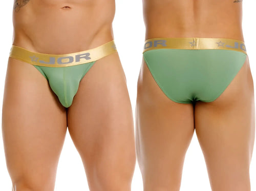 Front and back view of JOR 2328 Soho bikini in green with gold branded waistband.