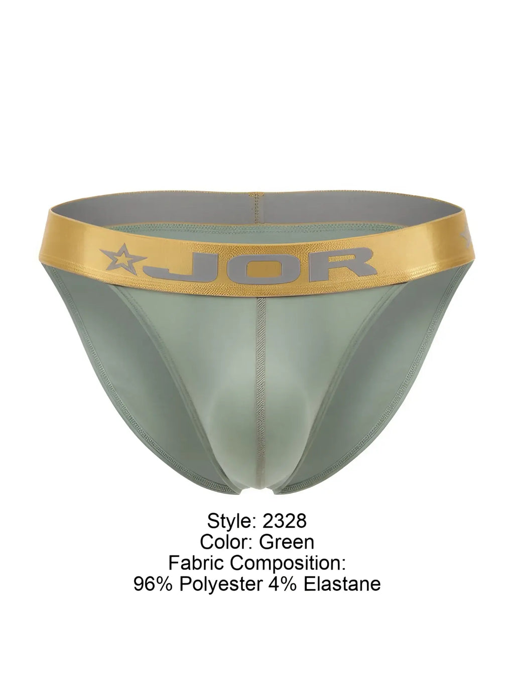 Front view of the JOR 2328 Soho bikini in green with a branded gold waistband.