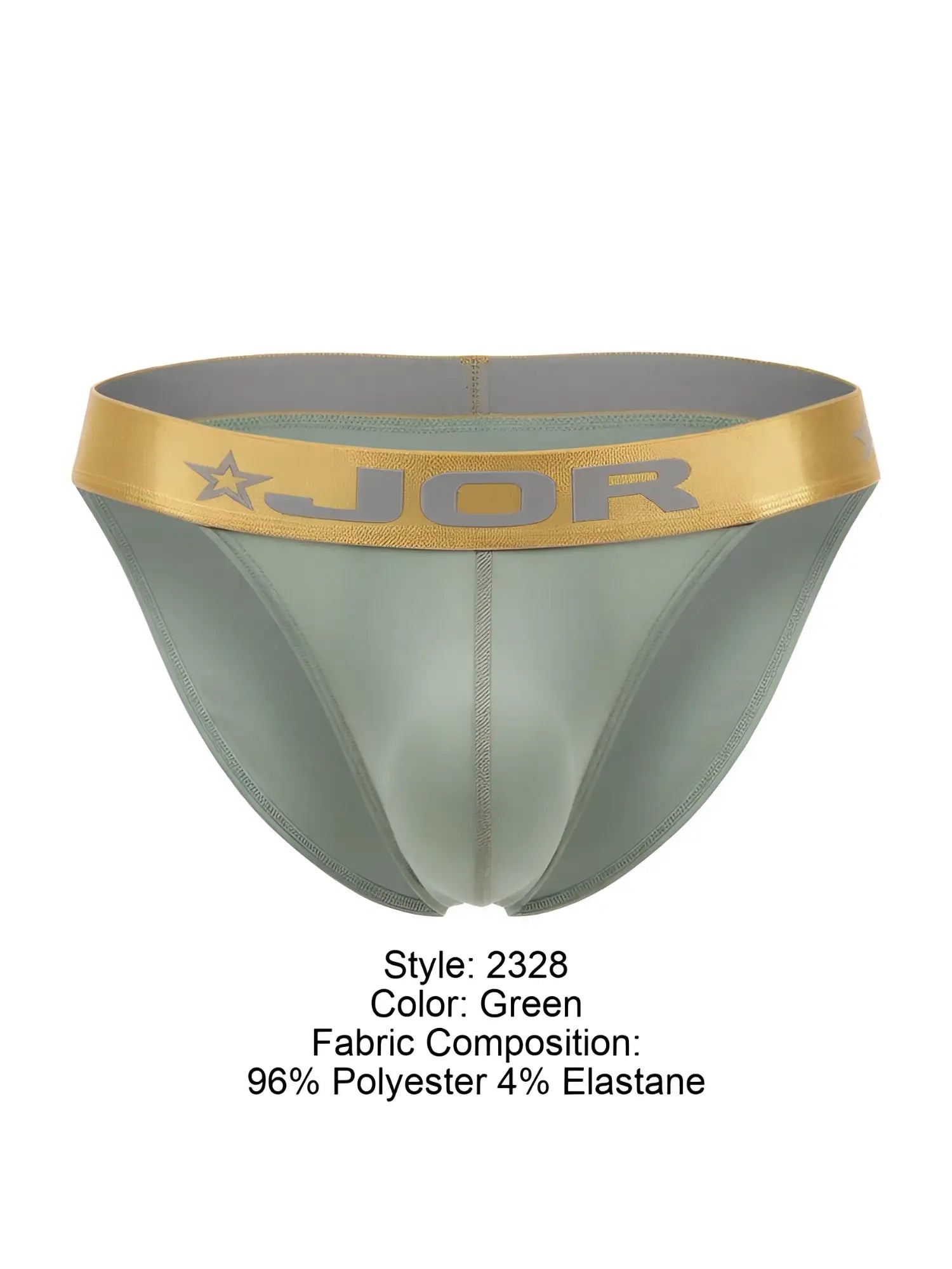 Front view of the JOR 2328 Soho bikini in green with a branded gold waistband.