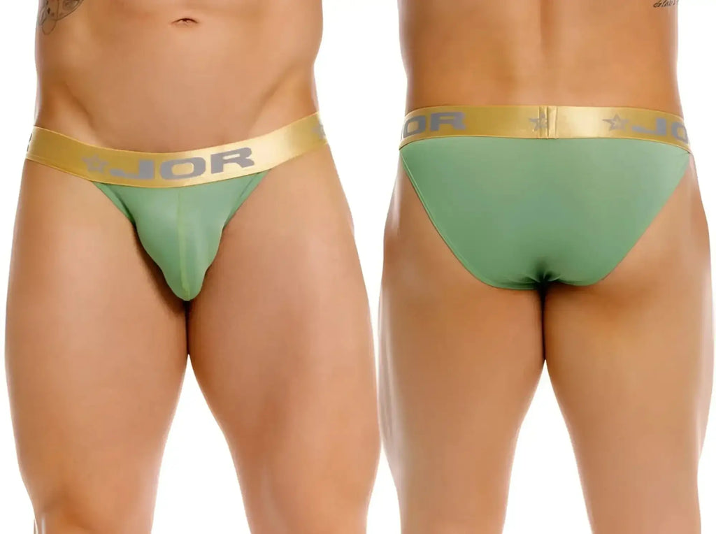 Front and back view of JOR 2328 Soho bikini in green with gold branded waistband.