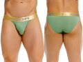 Front and back view of JOR 2328 Soho bikini in green with gold branded waistband.
