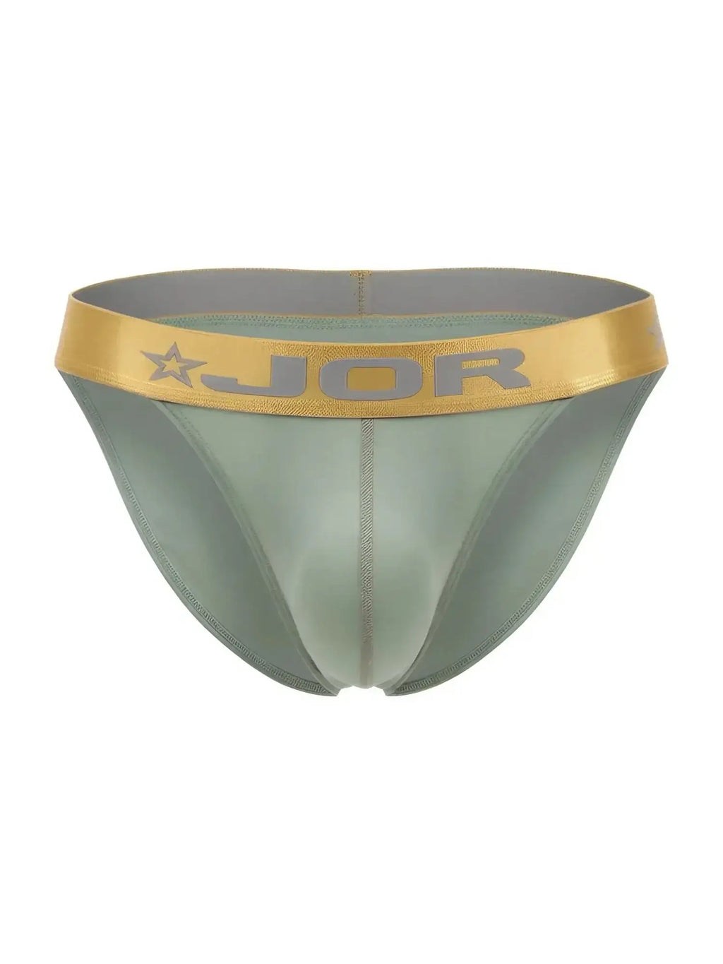 Front view of the JOR 2328 Soho bikini in green with a metallic gold branded waistband.