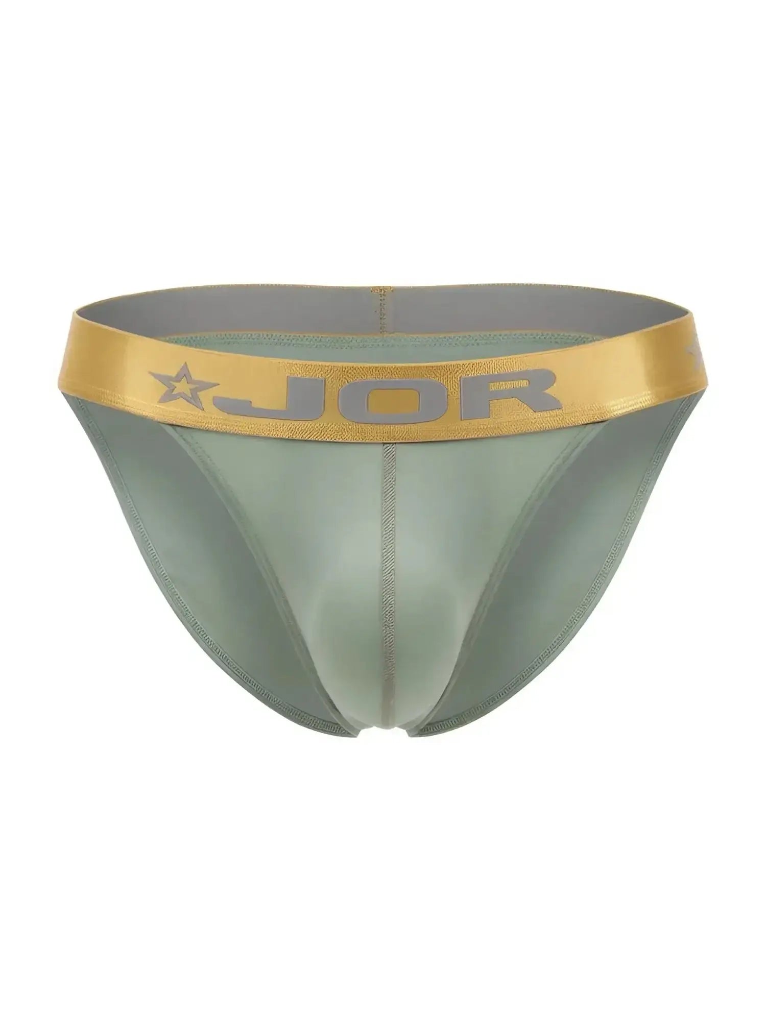 Front view of the JOR 2328 Soho bikini in green with a metallic gold branded waistband.