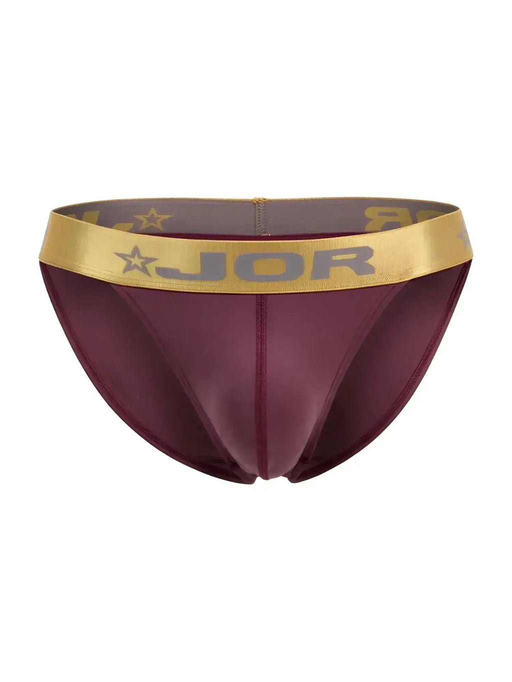 Front view of JOR 2328 Soho bikini in wine color with a metallic gold logo waistband.