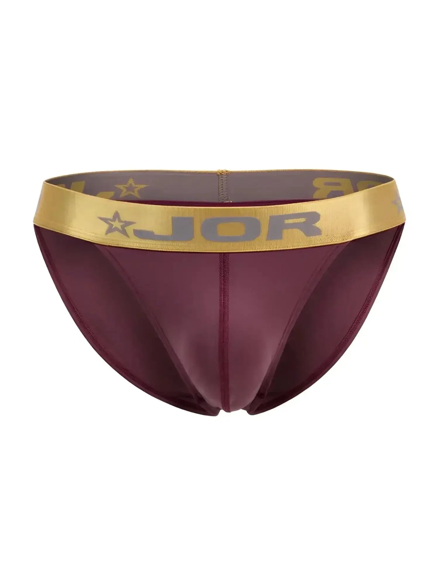 Front view of JOR 2328 Soho bikini in wine color with a metallic gold logo waistband.