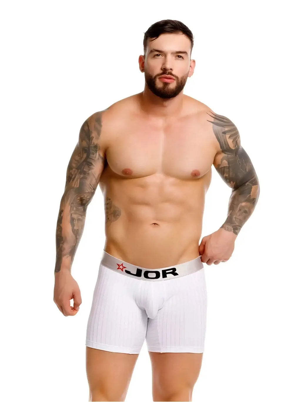 Front view of JOR 2329 Cronos boxer briefs in white on a male model.