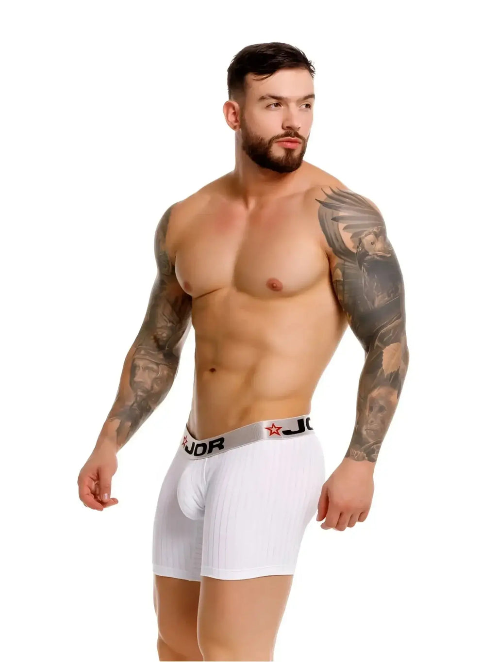 JOR 2329 Cronos white boxer briefs on a model, three-quarter view.