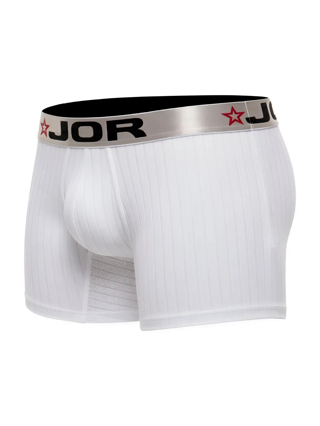 Front view of white JOR 2329 Cronos boxer briefs with a branded metallic waistband.