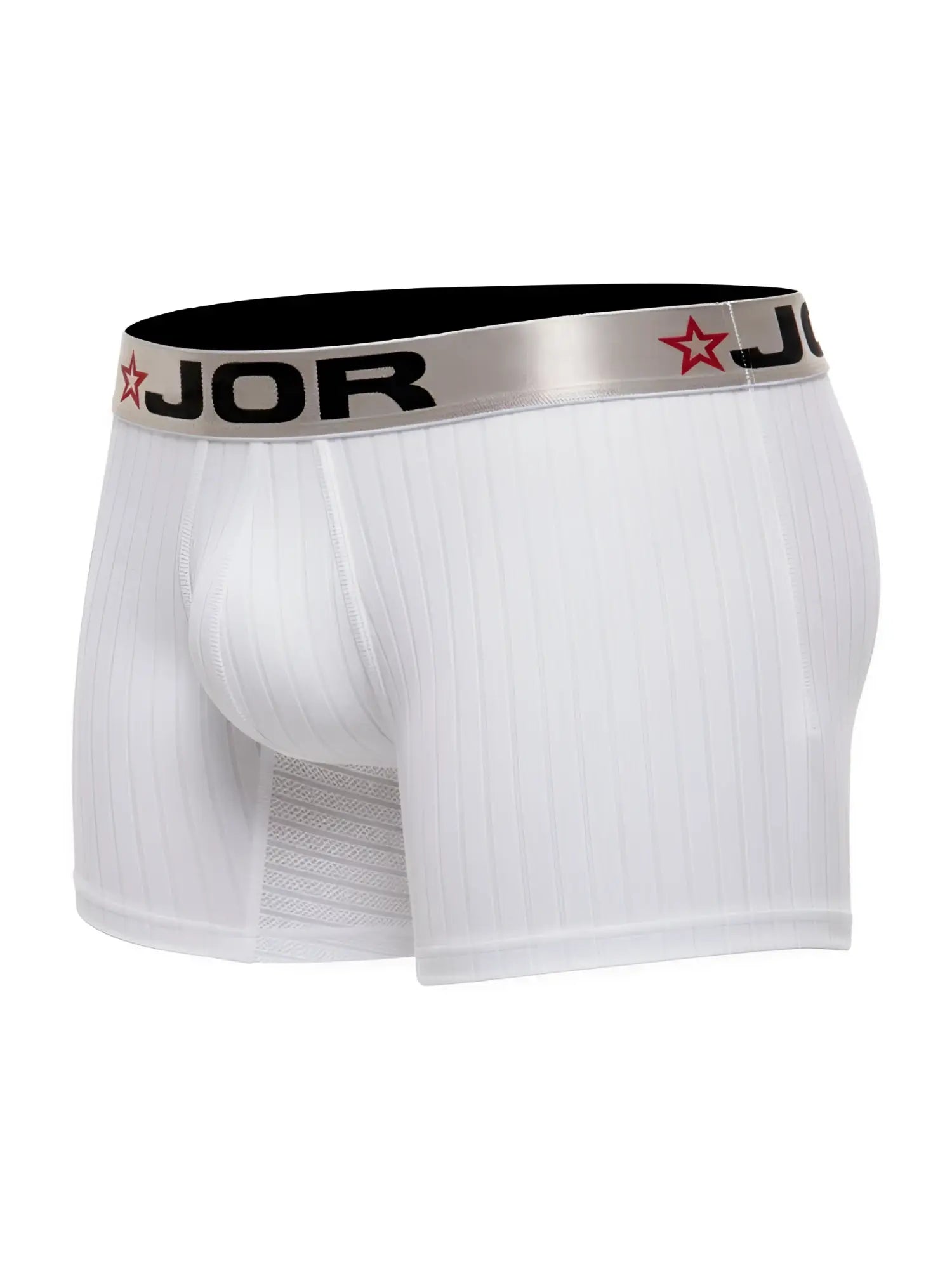 Front view of white JOR 2329 Cronos boxer briefs with a branded metallic waistband.