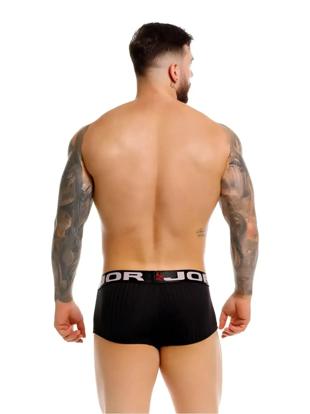 Back view of a man wearing black JOR 2330 Cronos trunks with branded waistband.