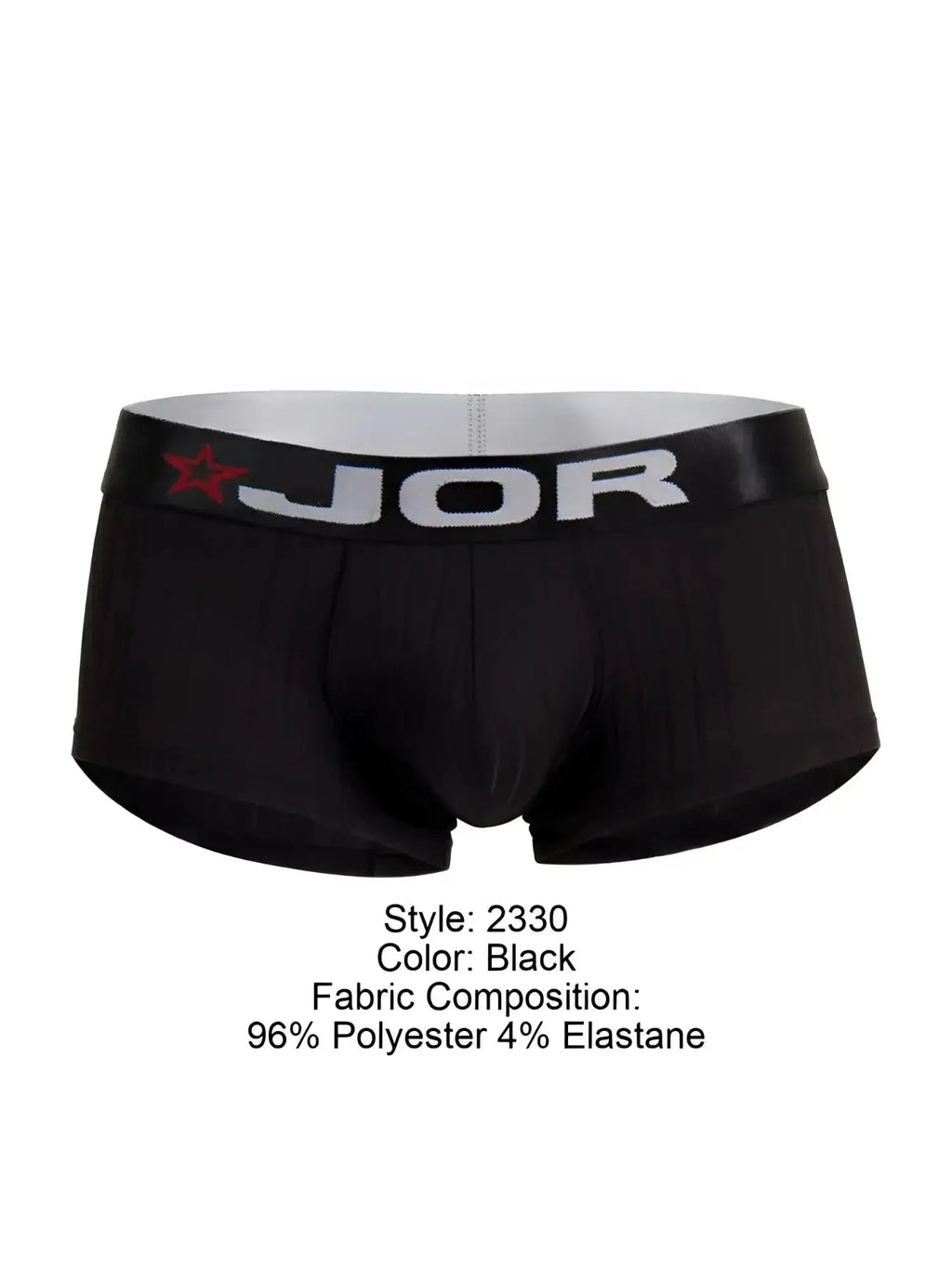 Front view of black JOR 2330 Cronos trunks with branded elastic waistband.