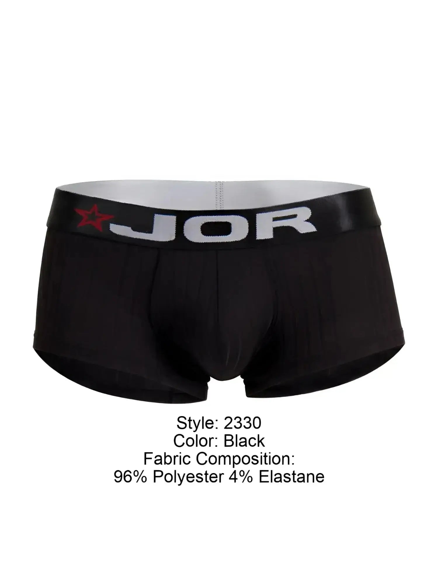 Front view of black JOR 2330 Cronos trunks with branded elastic waistband.