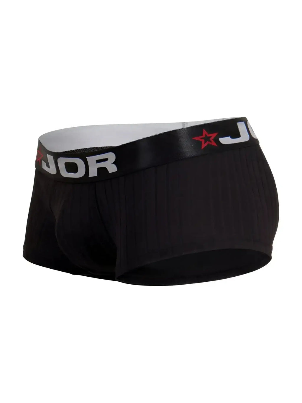 Front view of JOR 2330 Cronos black ribbed trunks with branded waistband.