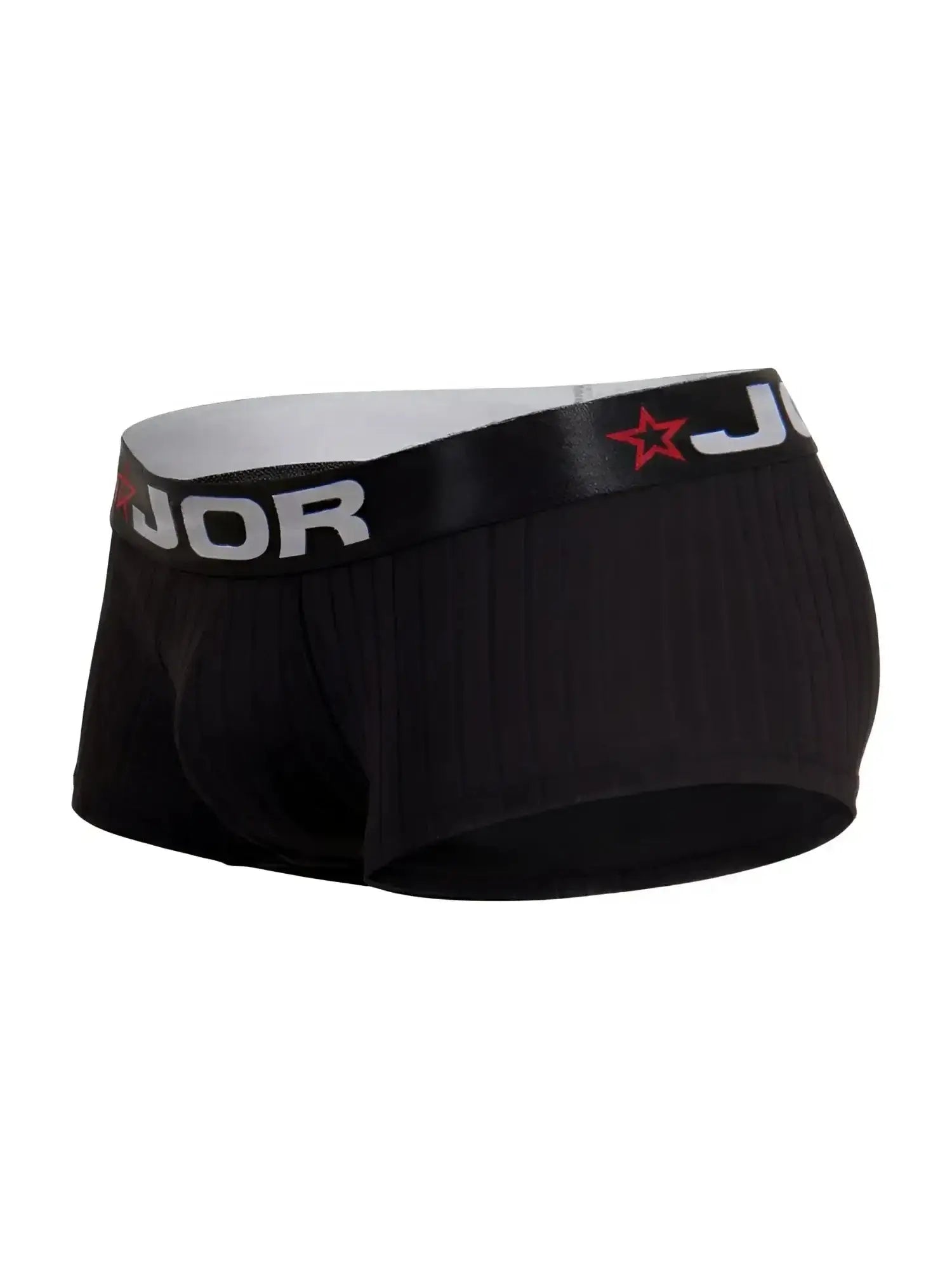 Front view of JOR 2330 Cronos black ribbed trunks with branded waistband.