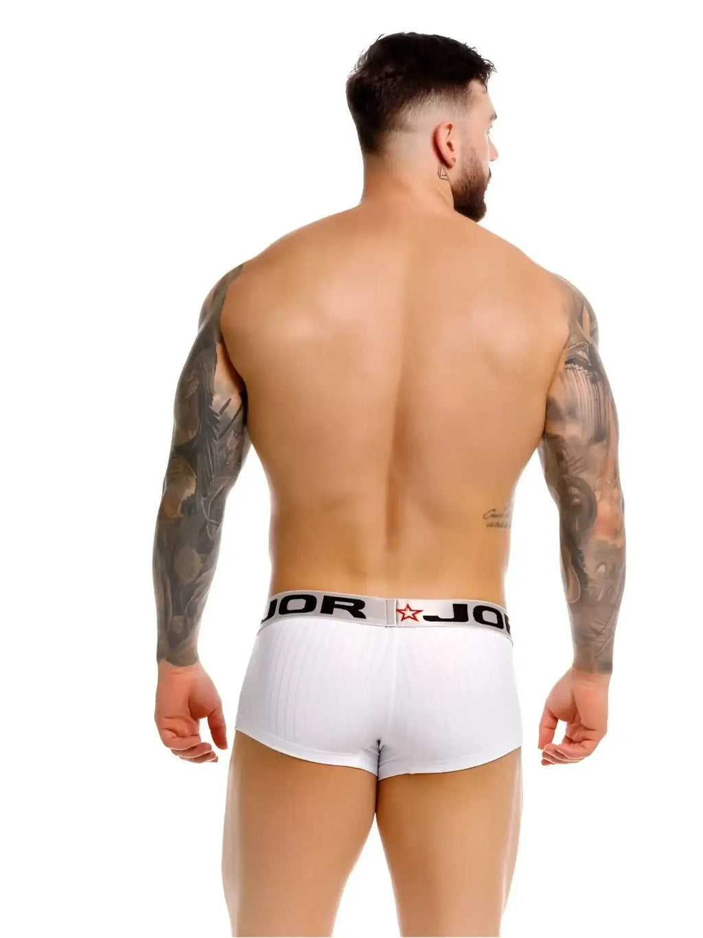 Back view of JOR 2330 Cronos trunks in white worn by a muscular man.