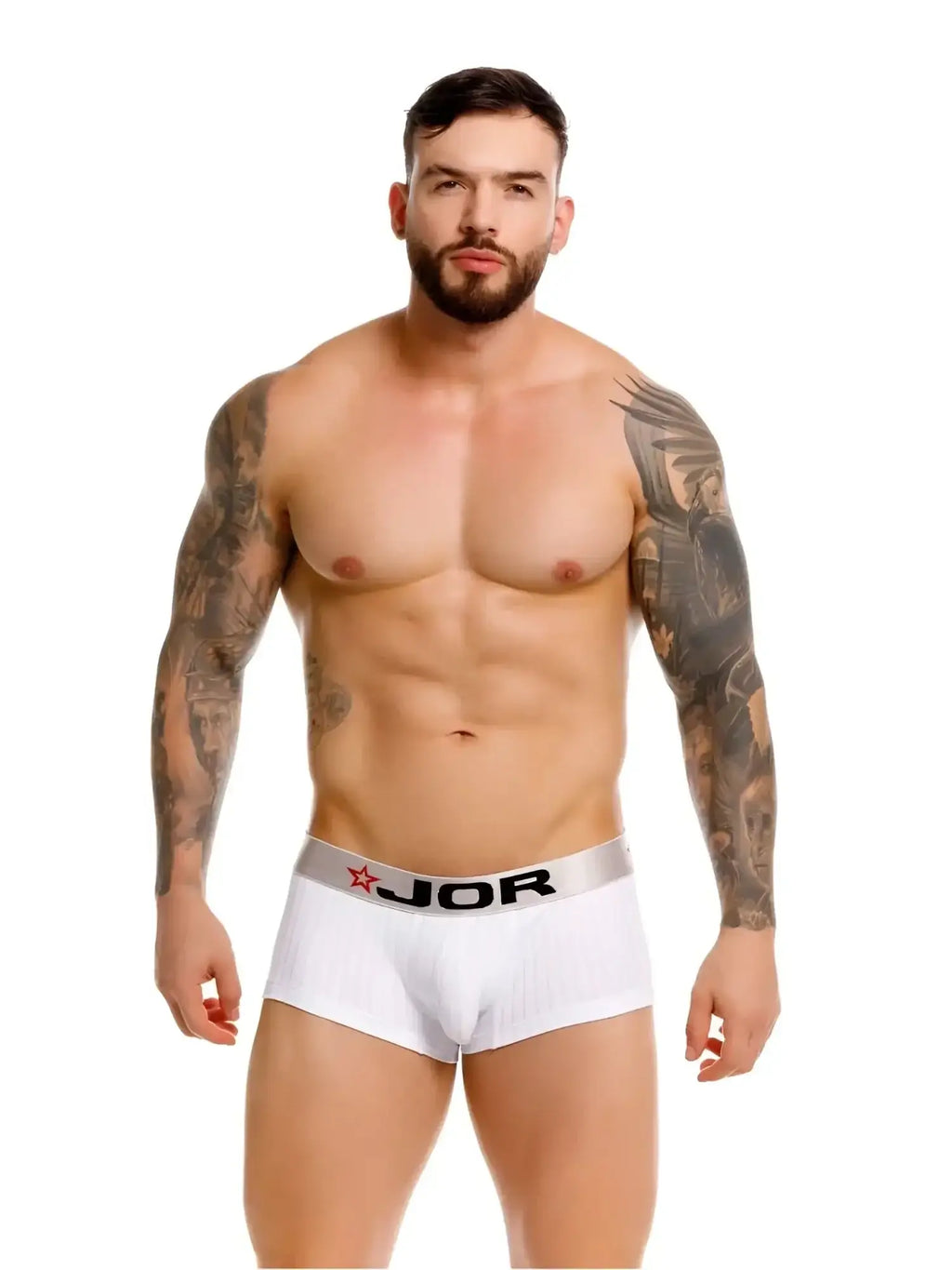 Front view of JOR 2330 Cronos Trunks in white, worn by a model.