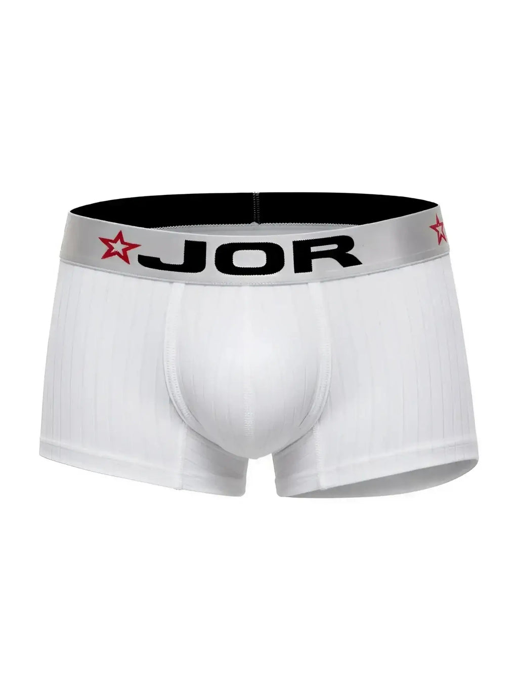 Front view of white JOR 2330 Cronos trunks with branded waistband.