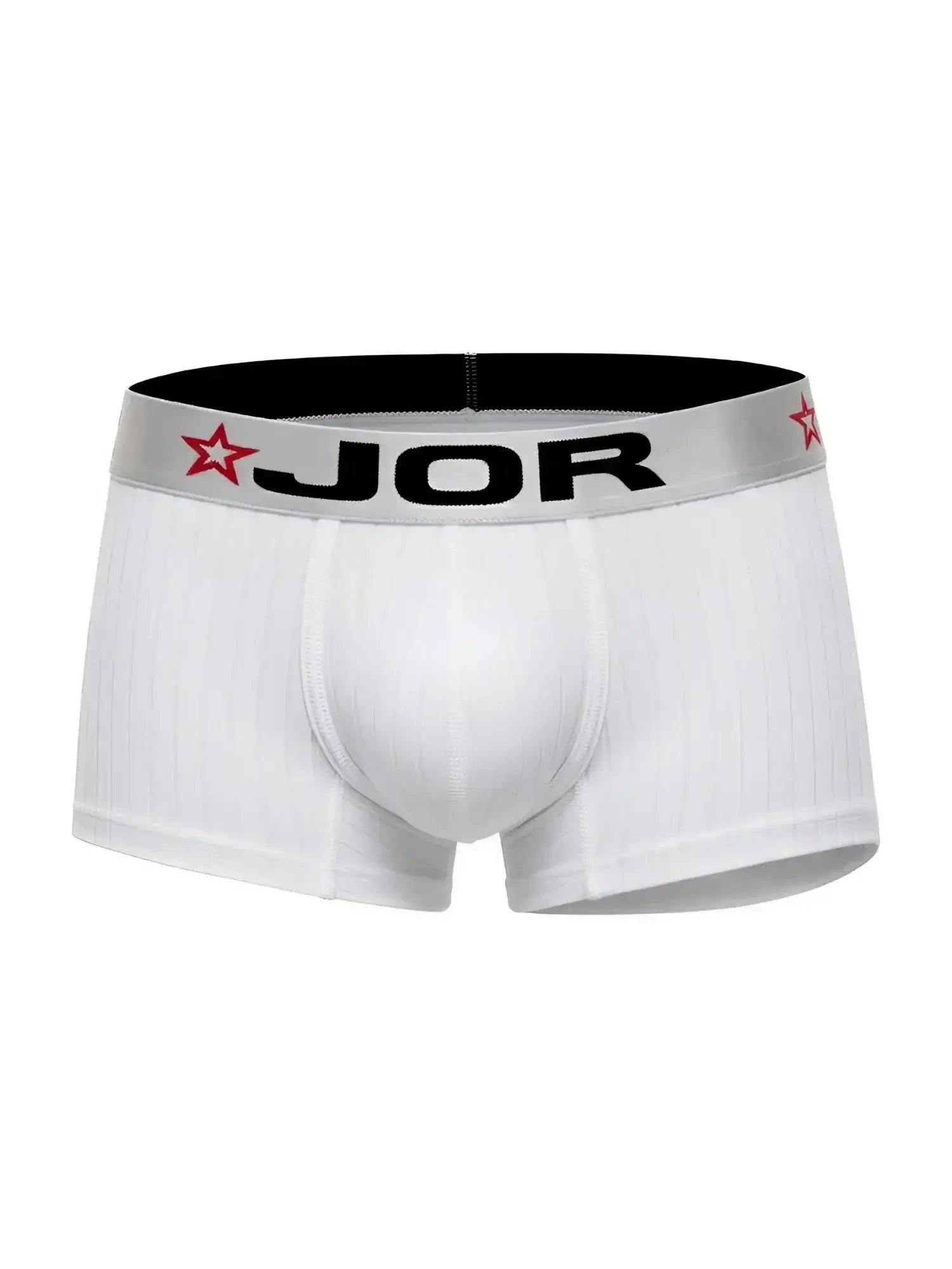 Front view of white JOR 2330 Cronos trunks with branded waistband.