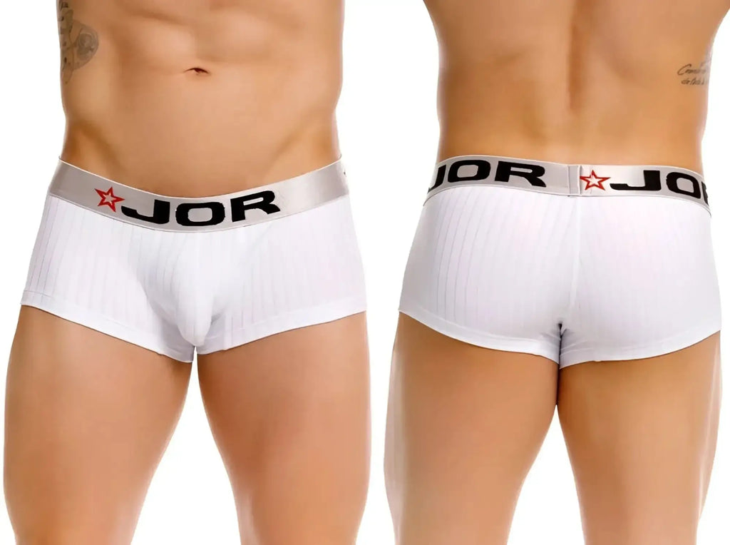JOR 2330 Cronos white trunks, shown from front and back views on a model.