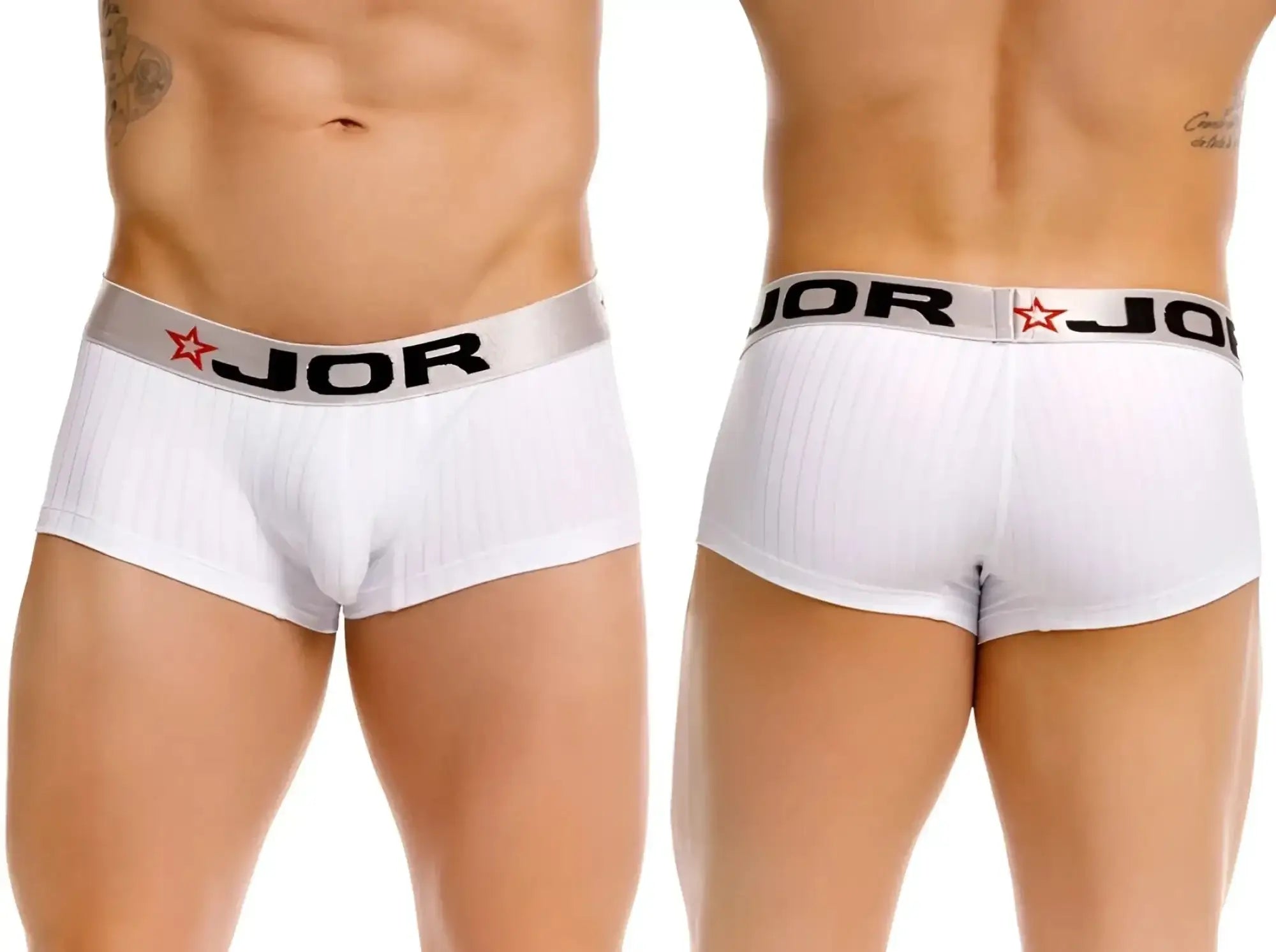 JOR 2330 Cronos white trunks, shown from front and back views on a model.