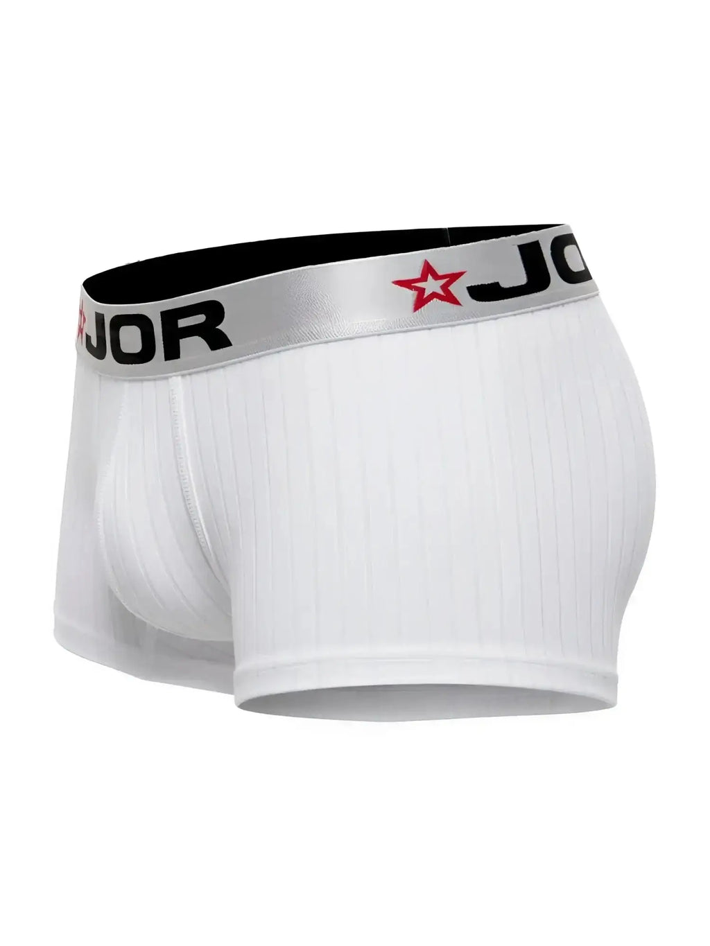 JOR 2330 Cronos Trunks in white, side-front view showing ribbed fabric and branded waistband.