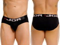 Front and back view of JOR 2331 Cronos black briefs with branded elastic waistband.