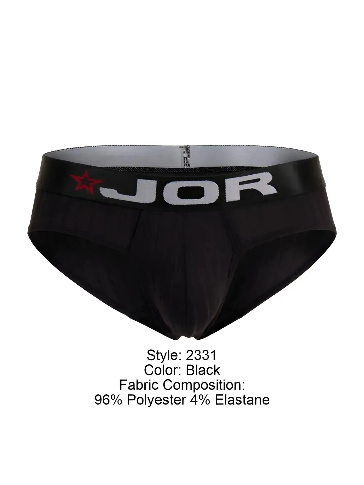 Front view of JOR 2331 Cronos black briefs with branded elastic waistband.