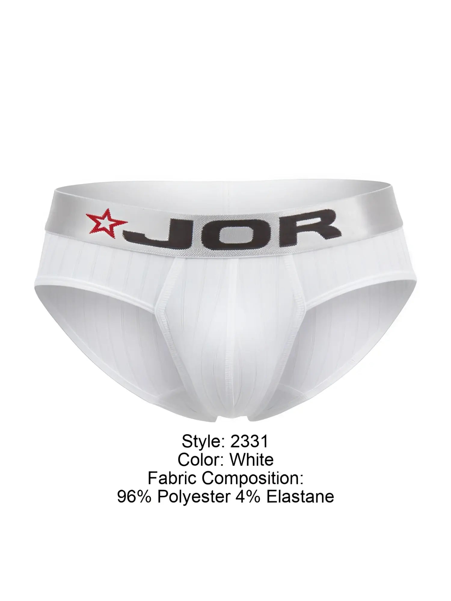 Front view of white JOR 2331 Cronos briefs with branded silver waistband.