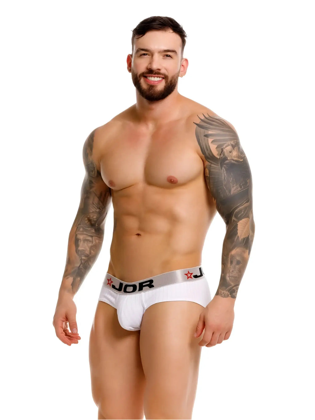 JOR 2331 Cronos white briefs on a model, front view.