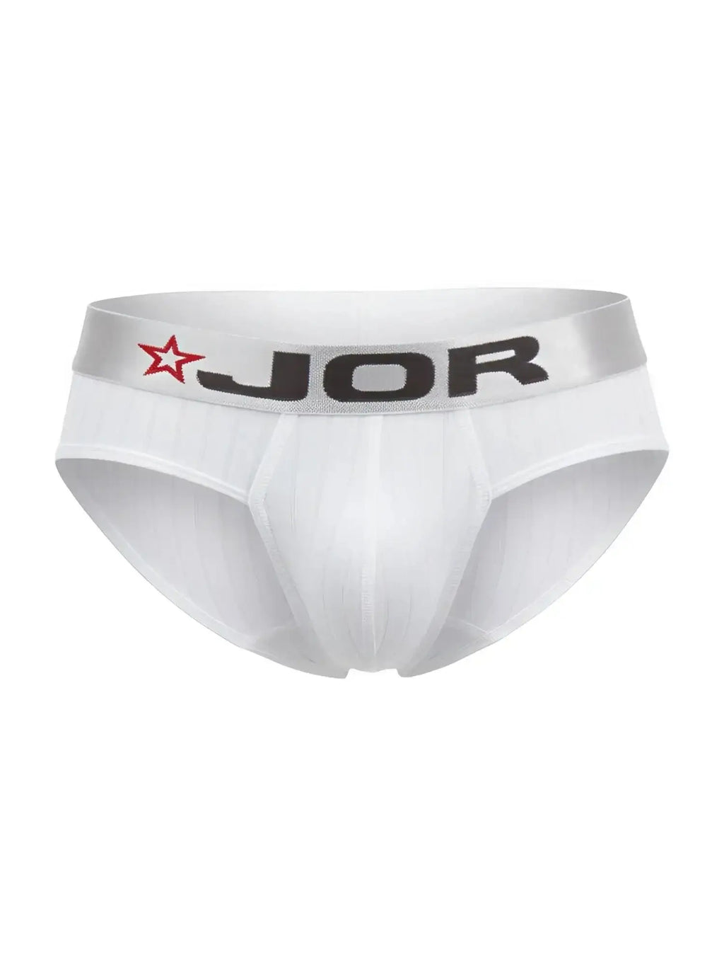 Front view of white JOR 2331 Cronos ribbed briefs with a branded silver waistband.