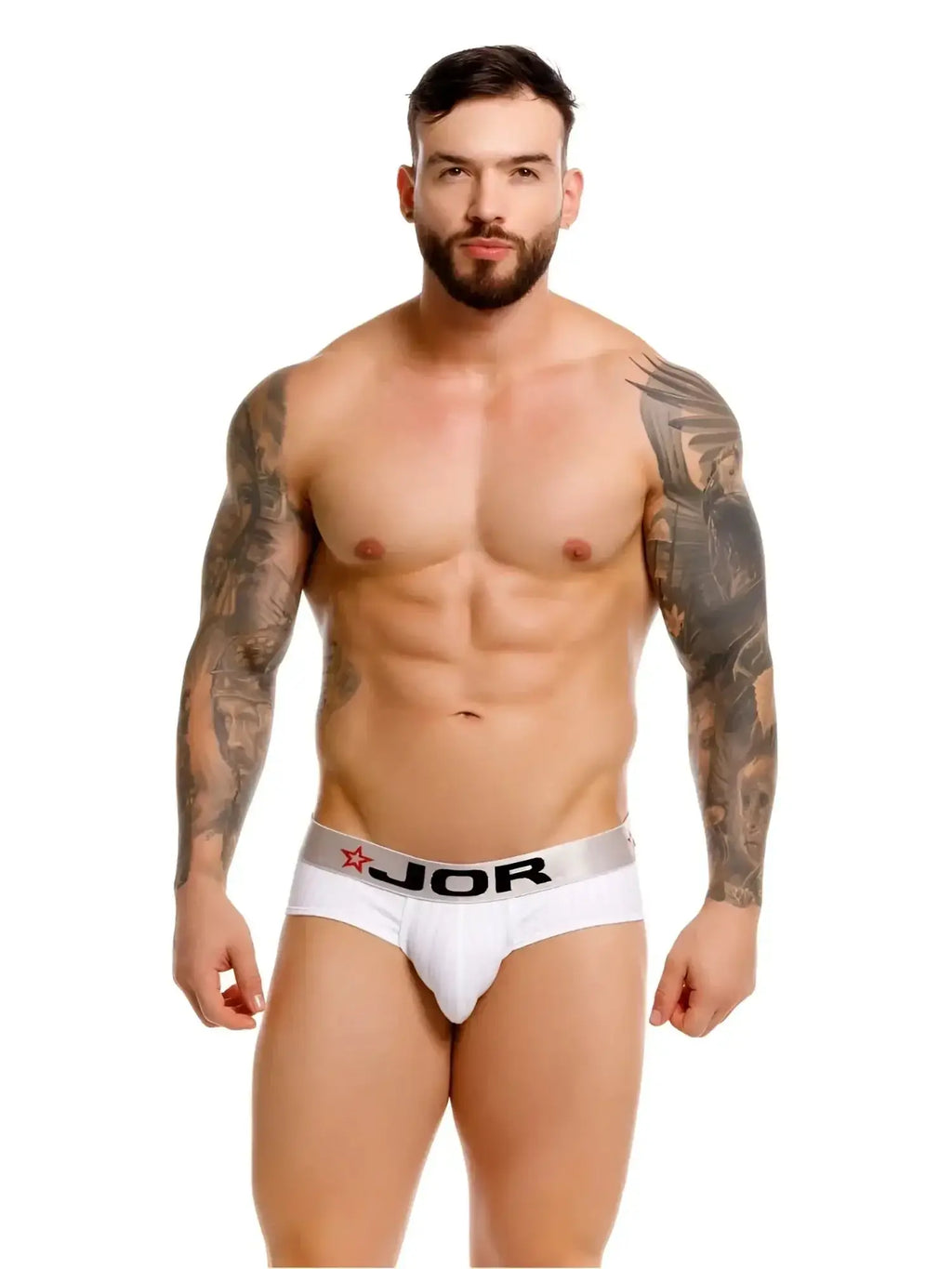 Front view of JOR 2331 Cronos white briefs on a tattooed male model.