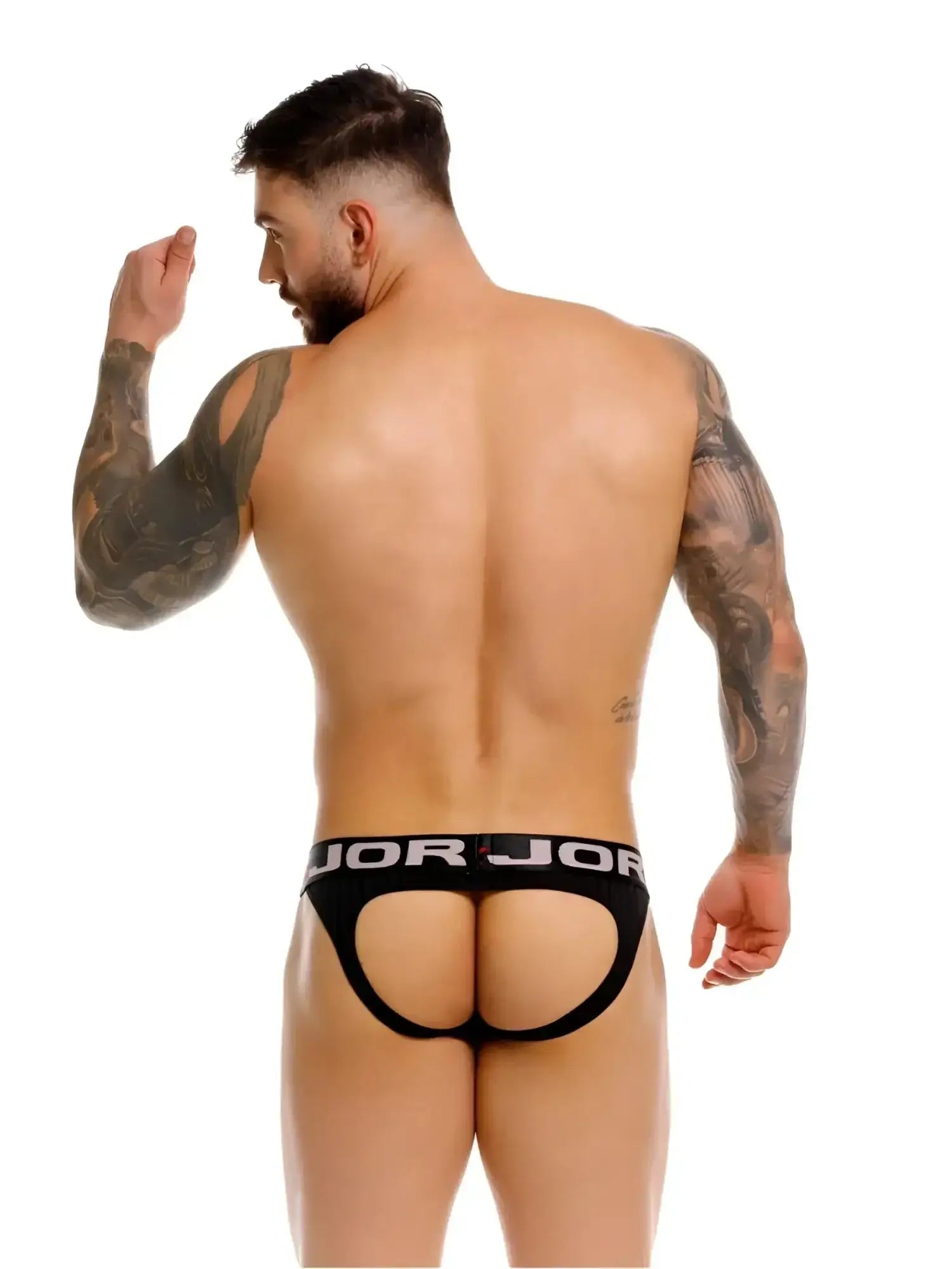 Back view of a man wearing a black JOR 2332 Cronos jockstrap.