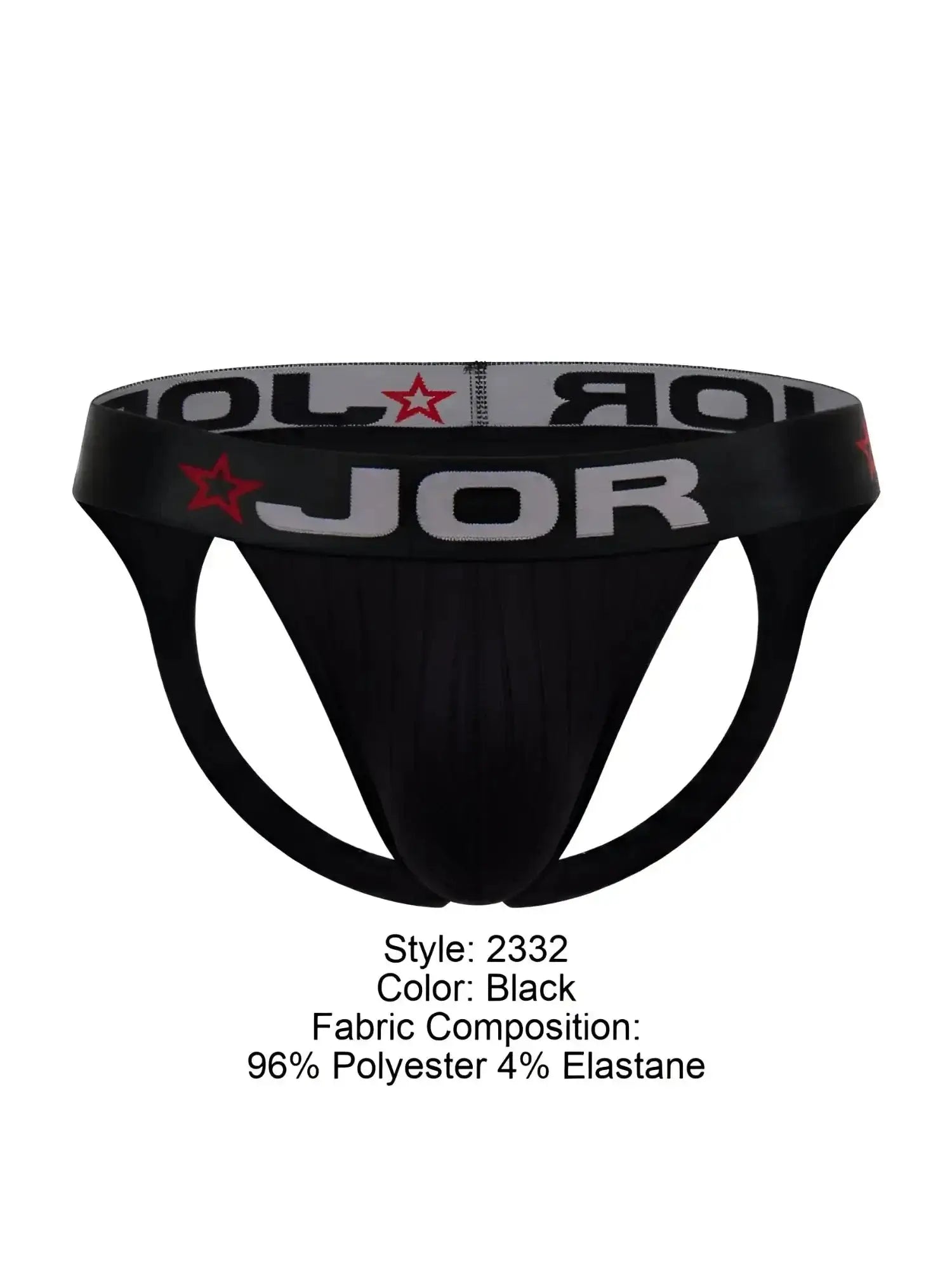 Front view of the JOR 2332 Cronos jockstrap in black with a branded elastic waistband.