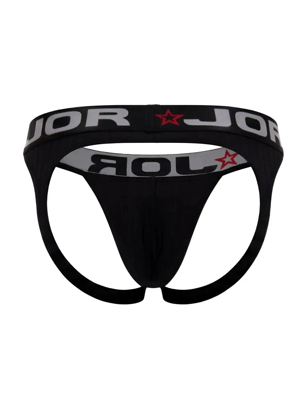 Front view of the black JOR 2332 Cronos jockstrap with a branded waistband.