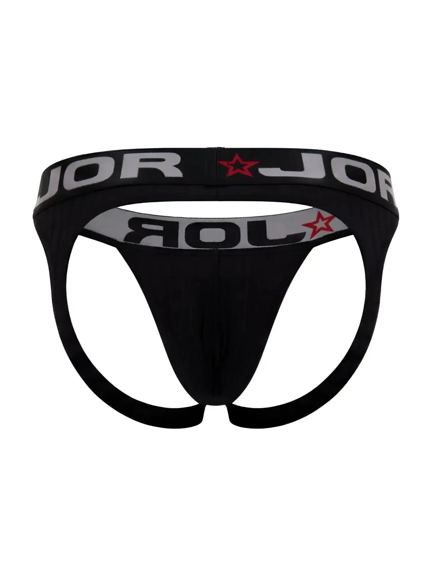 Front view of the black JOR 2332 Cronos jockstrap with a branded waistband.
