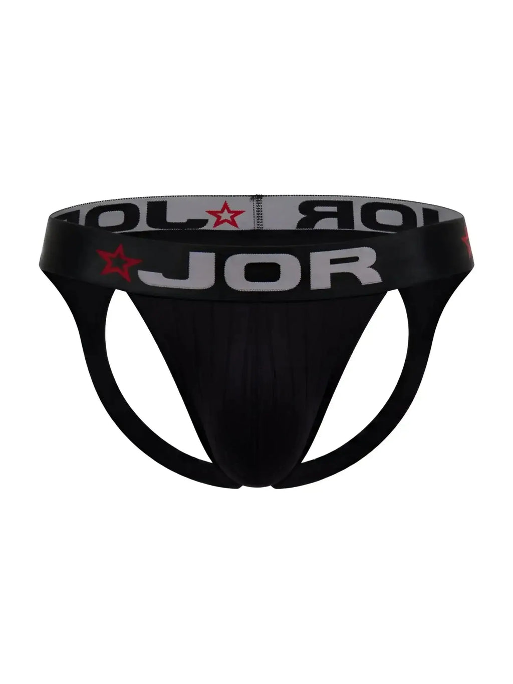 Front view of the black JOR 2332 Cronos jockstrap with logo waistband.