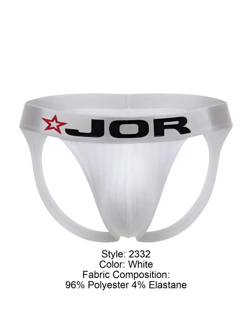 Front view of white JOR 2332 Cronos jockstrap with elastic waistband and branded logo.