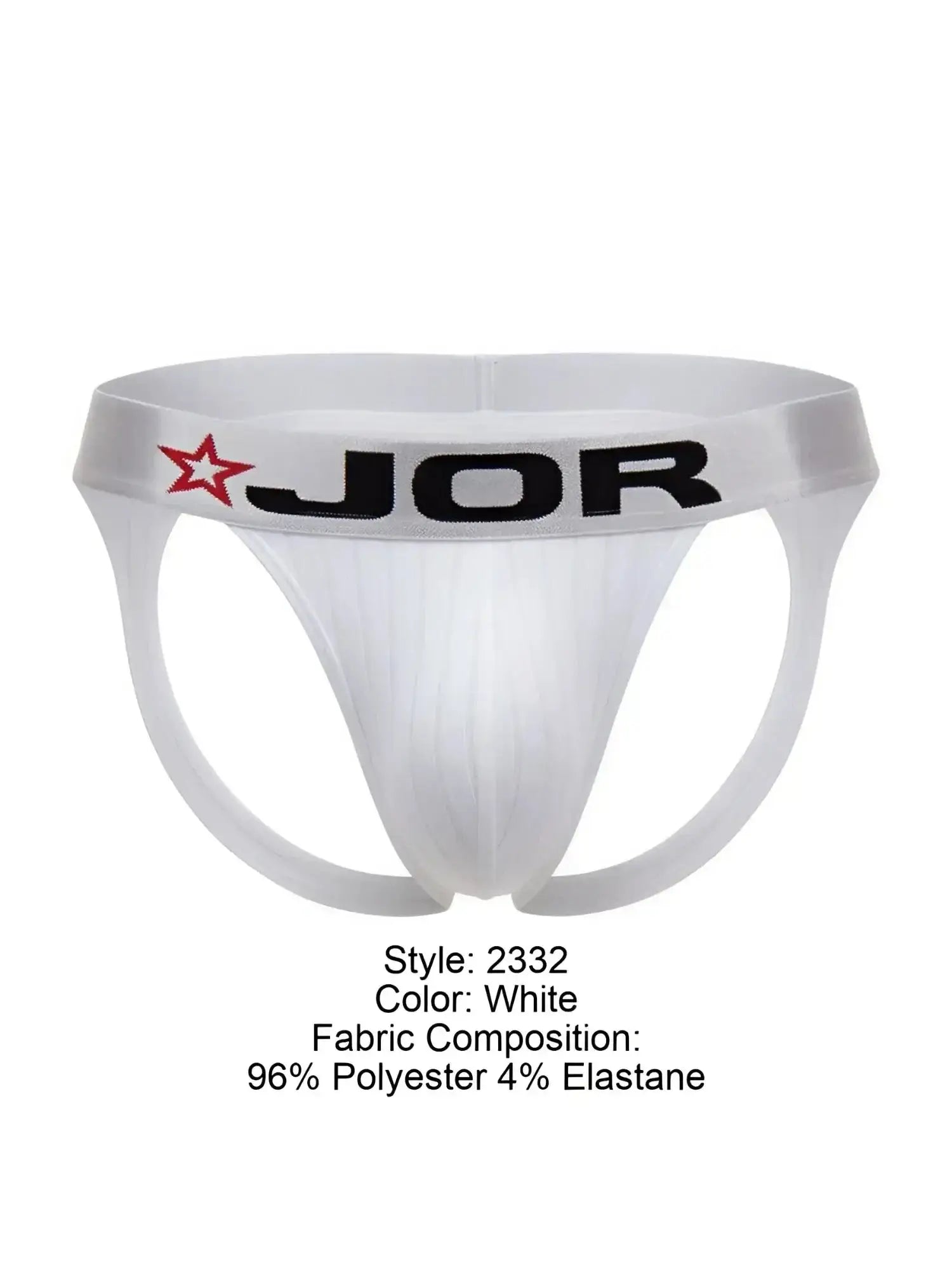Front view of white JOR 2332 Cronos jockstrap with elastic waistband and branded logo.