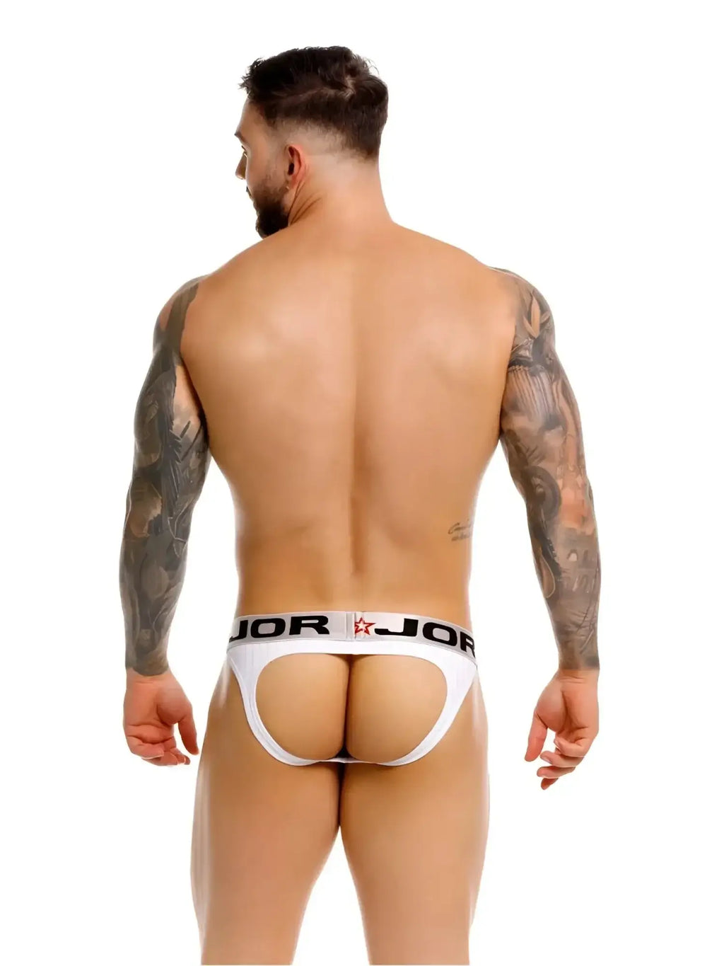 Back view of a man wearing a white JOR 2332 Cronos jockstrap.
