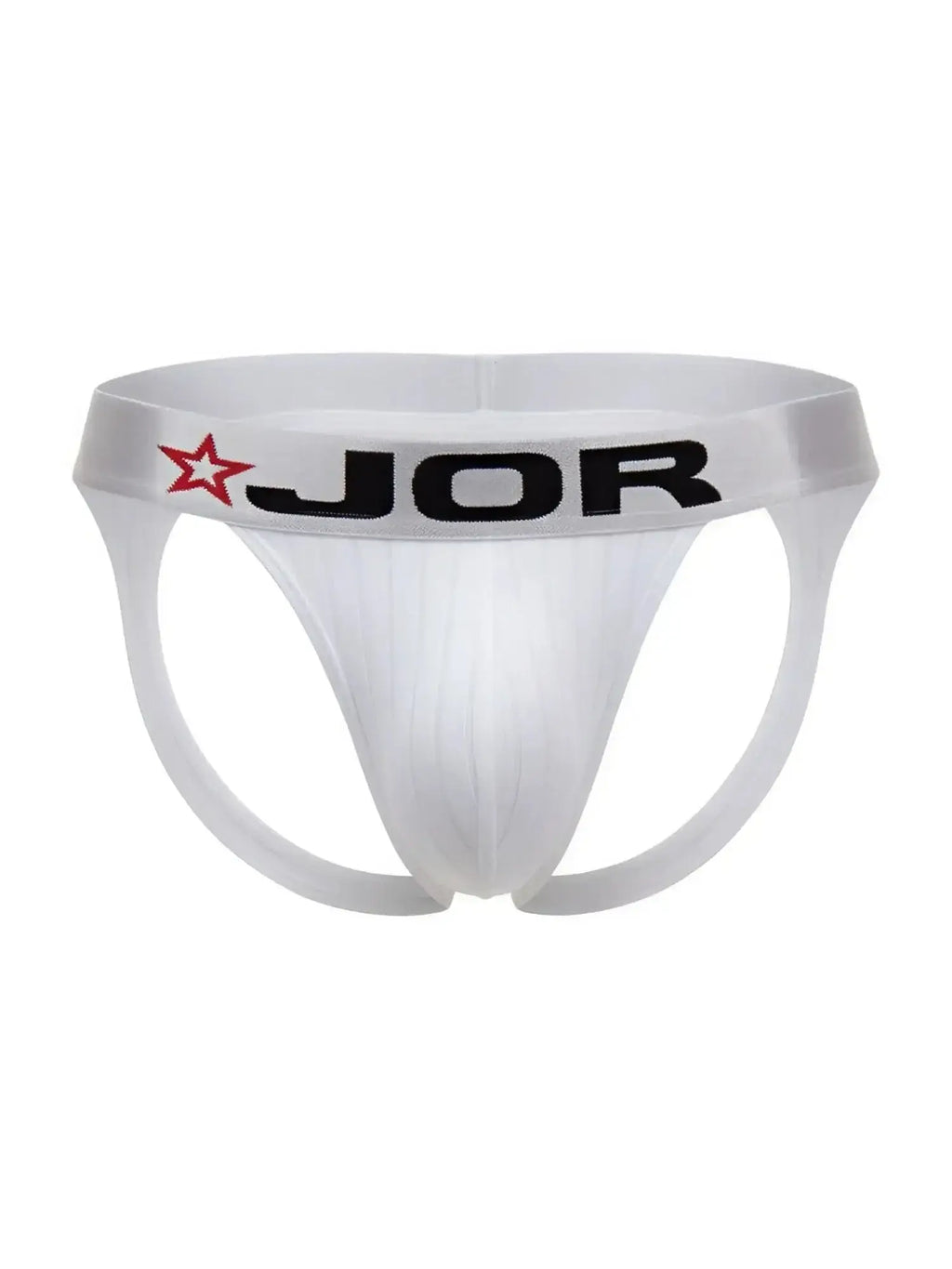 Front view of the white JOR 2332 Cronos jockstrap with logo waistband.