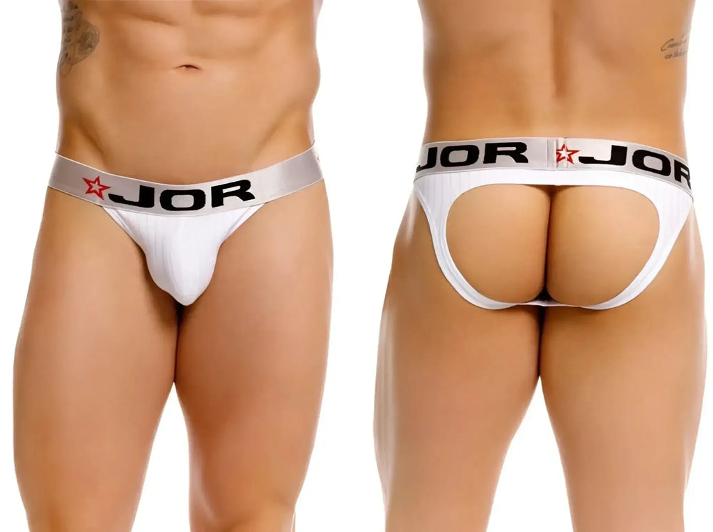 JOR 2332 Cronos white jockstrap, front and back view on a model.