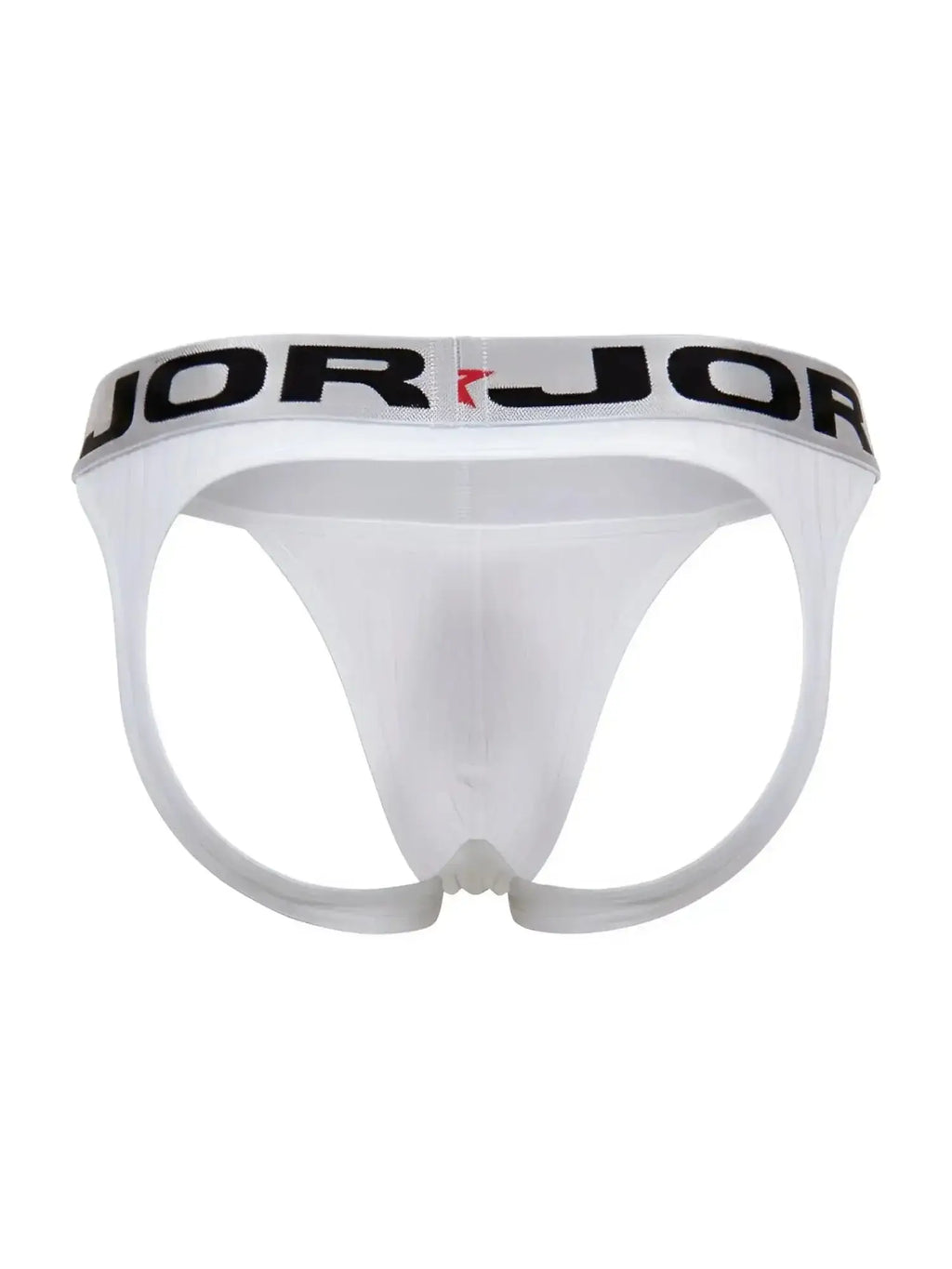 Front view of the white JOR 2332 Cronos jockstrap with a branded elastic waistband.