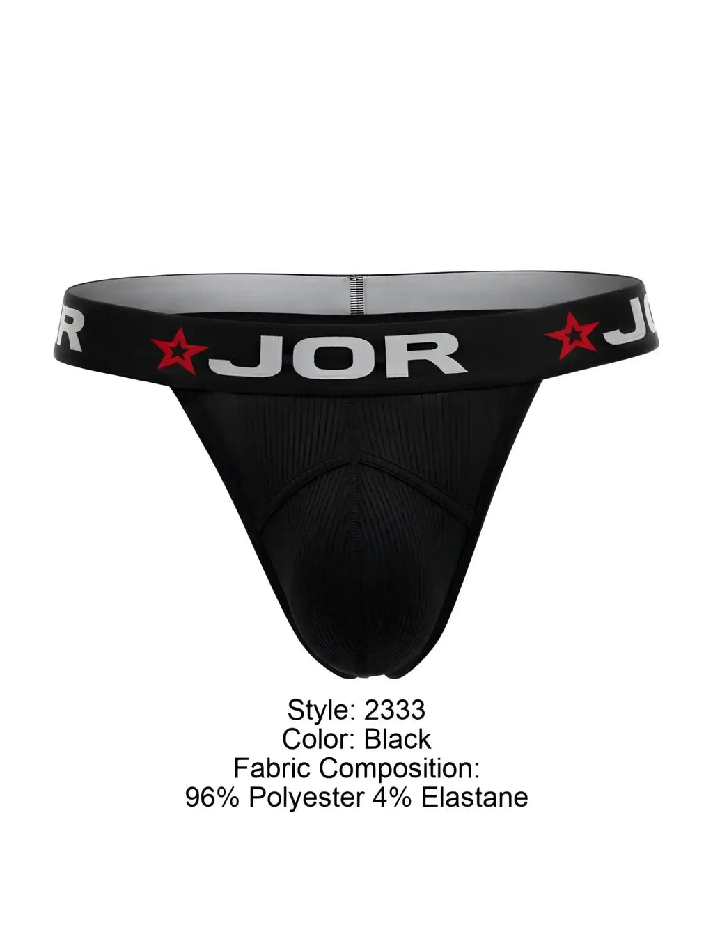 Front view of the JOR 2333 Cronos black thong with branded waistband.