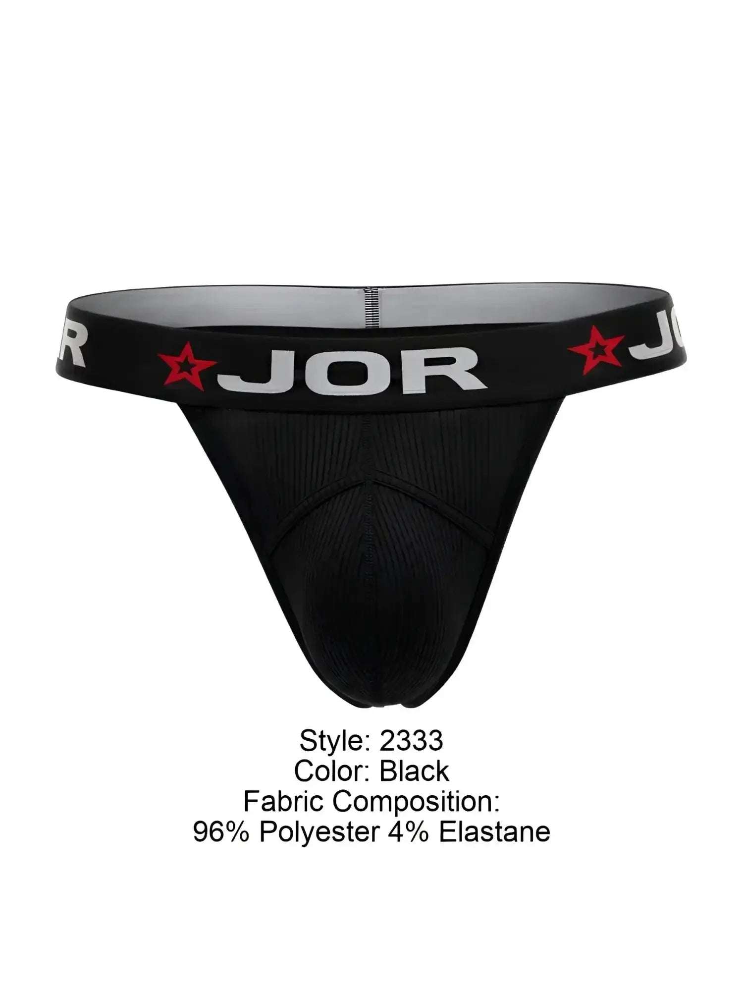 Front view of the JOR 2333 Cronos black thong with branded waistband.