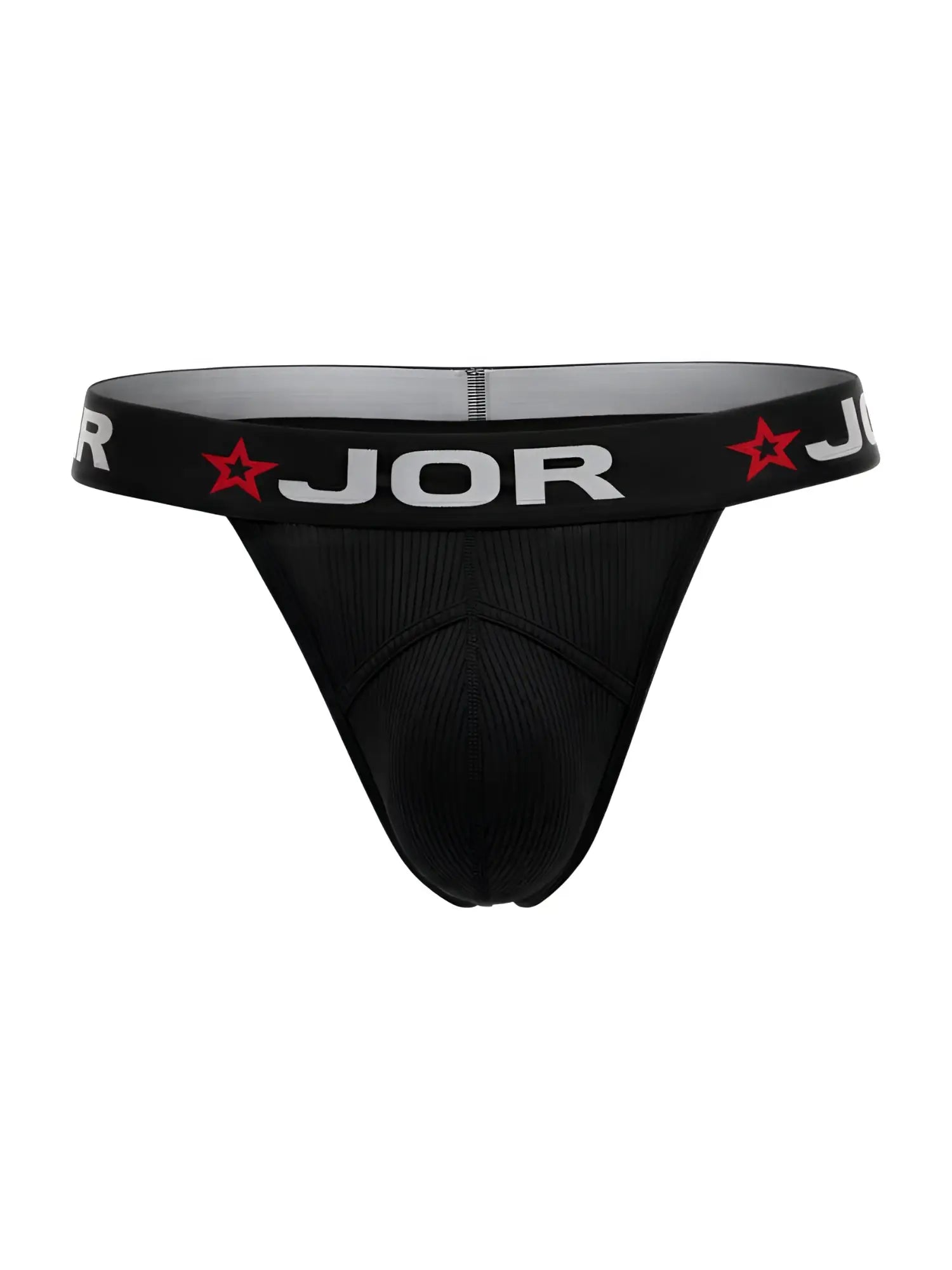 Front view of JOR 2333 Cronos black ribbed thong with branded waistband.