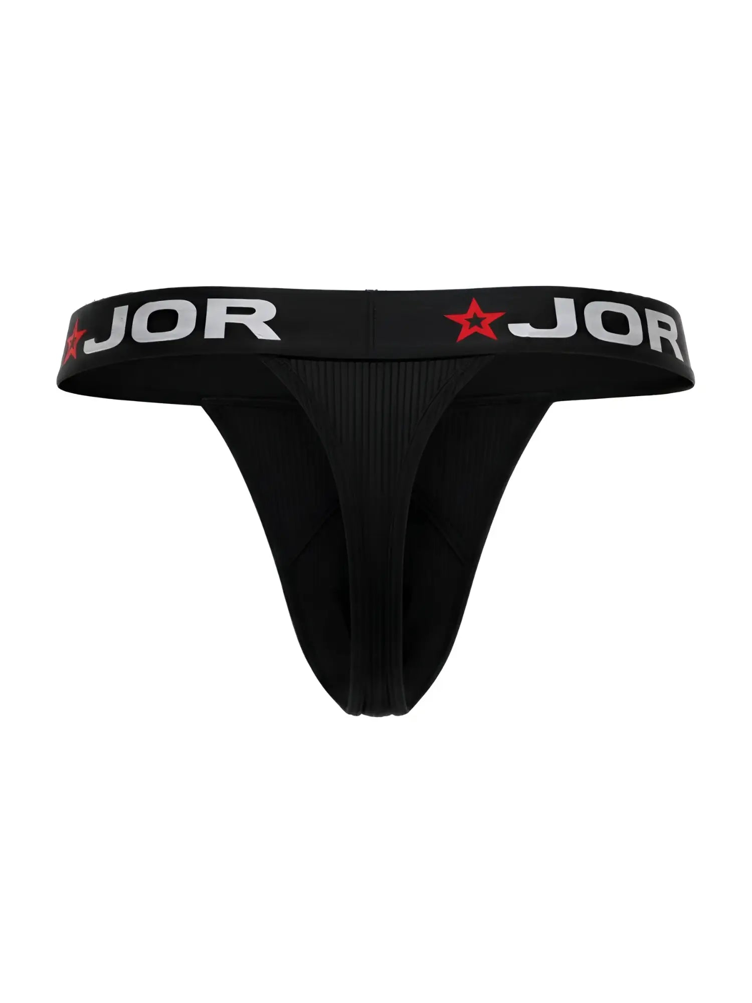 Front view of JOR 2333 Cronos thong in black with branded waistband.
