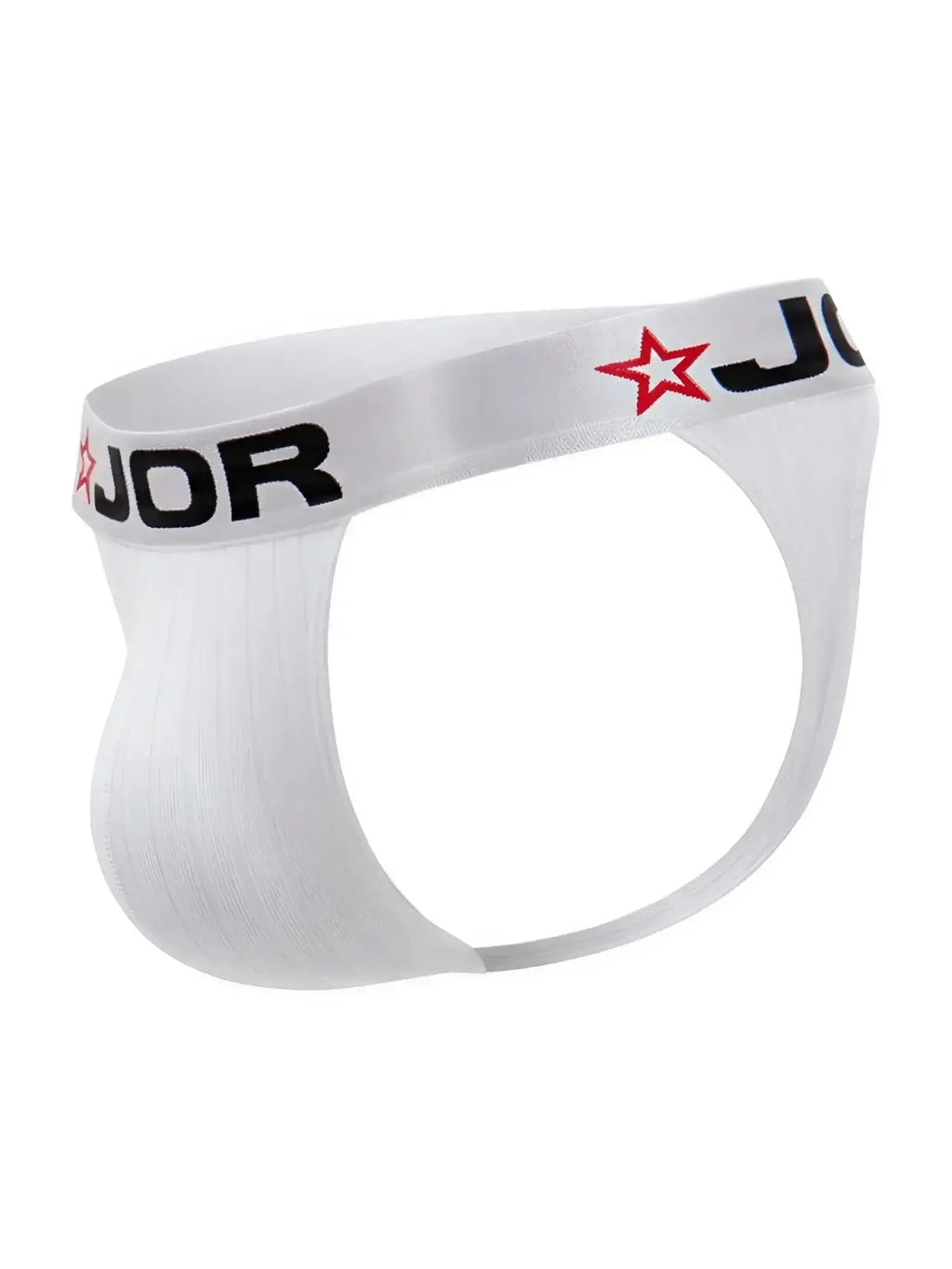 Front view of the white JOR 2333 Cronos thong with logo waistband.